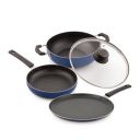 Attro Imperial 4pcs Non Stick Combo Kitchen Induction and Gas Compatible Cookware Set Kadai, Fry Pan, Dosa Tawa & 1 Glass Lid- Indigo Blue Matt...