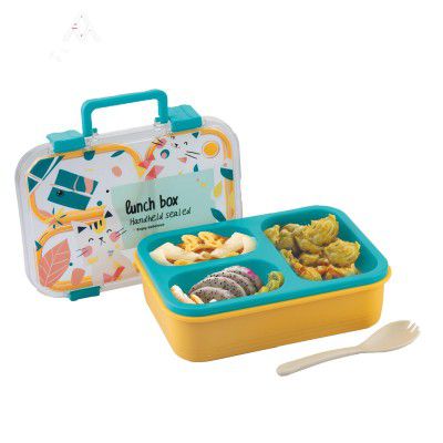 ATTRO Kitty Kart Plastic Lunch Box – 3 Compartment Bento Tiffin – 800ml, Blue Orange