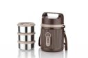 Attro Lunch Time 3 Insulated Tiffin Box Outer Plastic Inner Steel Comes with 3 Steel Container Sturdy Handle & Nylon Strap Perfect for Office, Picnics, Events & Outdoor - 870ml Brown...