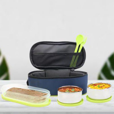 Attro Office Mate Lunch Box 2 Steel Container, 1 Plastic Oval Container & Spoons - Green 1000ml