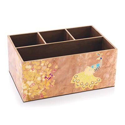 Attro Peacock Gold Designer Wooden 4 Compartments Caddy Cutlery Holder, Organizer Stand, Multipurpose Stand, Spoon Holder, Standard