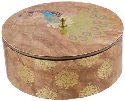 Attro Peacock Gold Designer Wooden Lid Round Multipurpose Box for Kitchen Storage, Chapati, Chocolate