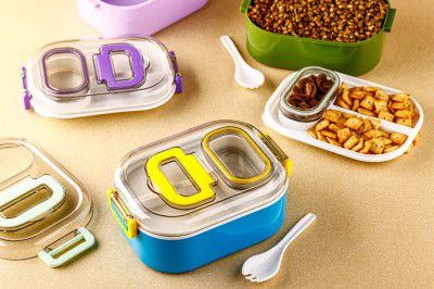 ATTRO Plastic Mighty Lunch Box Comes with 1 Small Container, Stylish Anti Spill Lid & 1 Baby Spoon BPA Free
