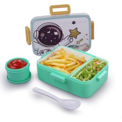 ATTRO Quick 2 Lunch Box AstroTheme with Includes 2 Compartments, 1 Small Container & Baby Spoon, BPA-Free, Food-Grade Perfect for Kids - Mint Green 600ml