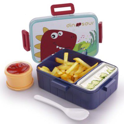 ATTRO Quick 2 Lunch Box Dinosaur Theme with Includes 2 Compartments, 1 Small Container & Baby Spoon, BPA-Free, Food-Grade Perfect for Kids - Dark Blue 600ml