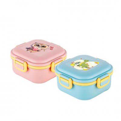 ATTRO Quick Bite Kids Plastic Lunch Box with 3 Compartments, Fork & Spoon, BPA-Free Food Grade – 800ml (Owl Love Peach/Dino Delight Blue)-Set of 2