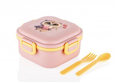 ATTRO Quick Bite Owl Love Lunch Box with 3 Compartment Fork & Spoon BPA Free - 800ml Peach