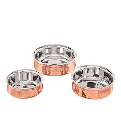 Attro Royal Stainless Steel Copper (Costeel) Traditional Hammered Finish Handi Set/Serving Set, 3 Pieces