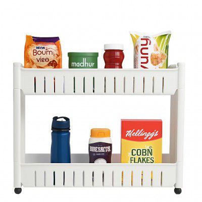 Attro Slim Rack 2 Layer Rack Made with Heavy Plastic Material Lightweight, Foldable and Portable Simple Assembly Comes with Movable Wheels Perfect for Kitchens Storage Organizer,Homes,Offices-White