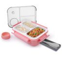 ATTRO Smart 3 Compartment Lunch Box with Small Container Spoon & Fork Included Four Side Snap Lock Breathable Button Design Leak-Proof BPA Free Food Grade- 690ml Peach...