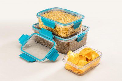 ATTRO Smart Lock Fridge Containers PET Plastic Jars Airtight Lids Multi-Purpose Kitchen Organiser - Set Of 3