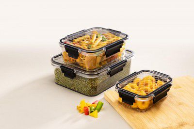 ATTRO Smart Lock Fridge Containers PET Plastic Jars Airtight Lids Multi-Purpose– Black- Set Of 3-350ml, 750ml, 1500ml