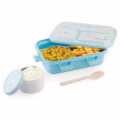 ATTRO Smiley Bite Plastic Lunch Box – 3 Compartment Bento Tiffin, Leak-Proof & Durable