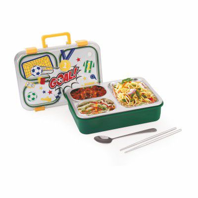 ATTRO SnackFlix Stainless Steel Lunch Box – 3 Compartment Bento Tiffin with Spoon – 850ml-Yellow Green
