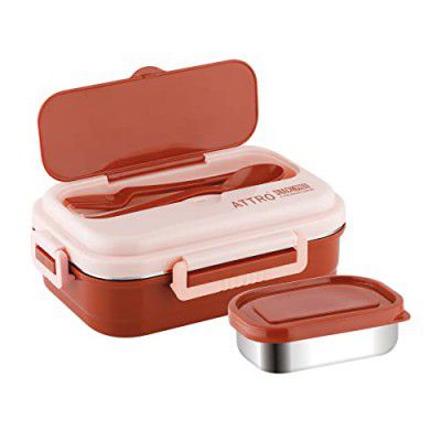 Attro Snackpro Plastic Lunch Box Airtight & Leak Proof Containers with Plastic Fork for Office Use, School, Picnic, 800 ml - Pink