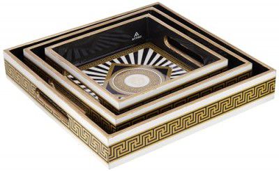 Attro Square Tray Designer Wooden Serving Trays 1 Big Tray, 1 Medium Tray, 1 Small Tray for Home Décor, Kitchen Use, Dinning Tray - Set of 3 Spiral Black