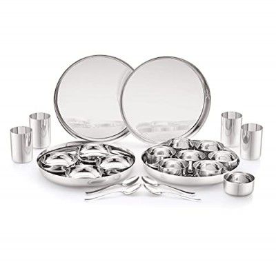 Attro Stainless Steel Bhojan Set of 4 Thali, 4 Plate, 8 Bowl, 4 Glass, 4 Spoon (Thali Diameter 29 cm) - Set of 24, Silver, Standard