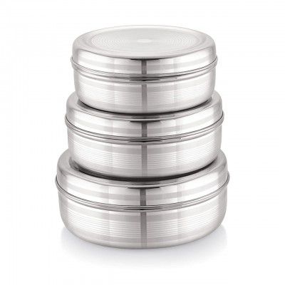 Attro Stainless Steel Puri Dabba with Lid, Food Storage Containers - Set of 3, Silver, Standard
