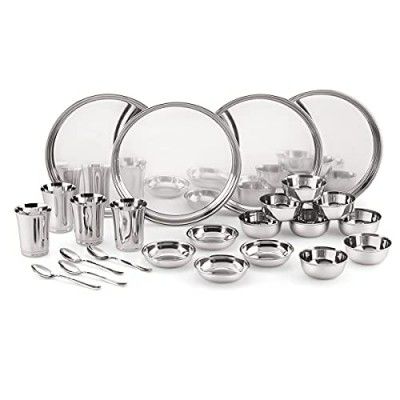 ATTRO Stainless Steel Solid Dinner Set of 4 Thali, 4 Plate, 8 Bowl, 4 Glass, 4 Spoon (Thali Diameter 12 Inch) - Set of 24, Silver, Standard