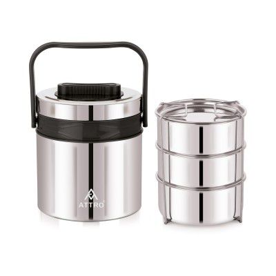 ATTRO Steel On 3 Insulated Tiffin Box 3 Stainless Steel Containers Easy Carry Handle, BPA-Free, Leakproof Office, School & Travel – Grey-900ml