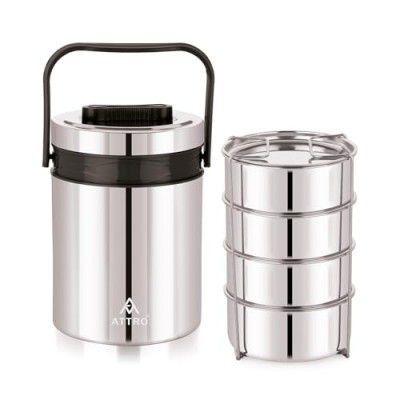 ATTRO Steel On 4 Insulated Tiffin Box 4 Stainless Steel Containers Easy Carry Handle, BPA-Free, Leakproof Office, School & Travel – Blue