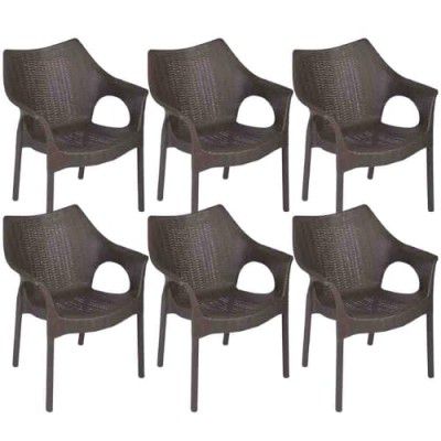 Attro Supreme Cambridge Armchair Premium Heavy Duty Plastic Chair with Stylish Rattan Looks Brown Set of 6