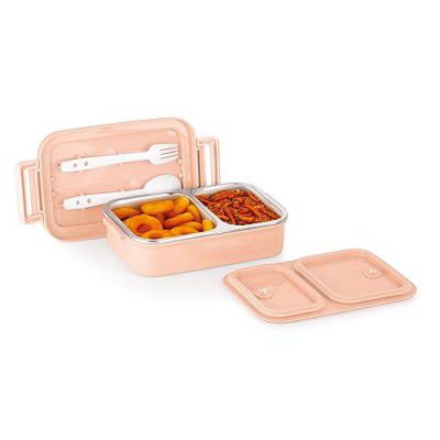 Attro Taste Buddy Insulated Lunch Box Comes with 2 Compartment & 2 Spoons - 800Ml Candy Pink - Plastic