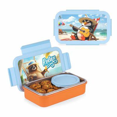 ATTRO Treat Time Stainless Steel Insulated Lunch Box with Inner Steel Body, Airtight 4-Side Lock Lid, Leakproof Silicone Seal, Small Container-560ml+150ml-Relax Bear Blue Orange