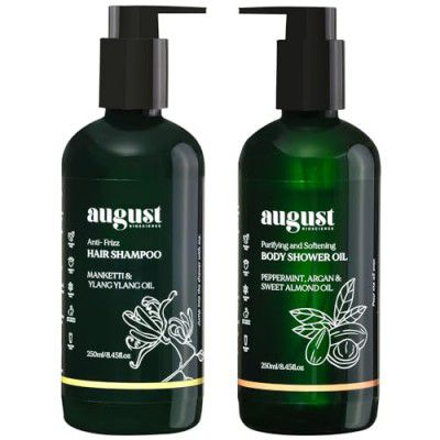 August Bioscience Anti Frizz Hair Shampoo With Manketti Seeds & Ylang Ylang Oil| August Bioscience Body Shower Oil | Pack of 2