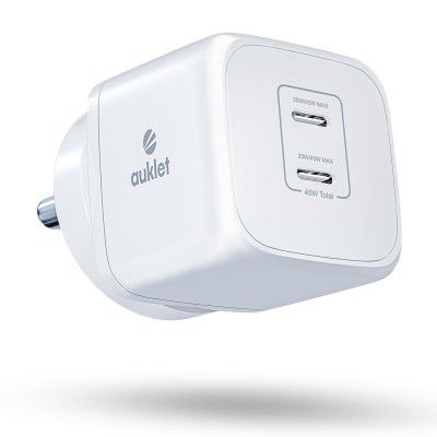 Auklet 45W GaN Fast Wall Charger, with PD & PPS Support, USB 2C, 1A Port, BIS Certified,Compatible, White