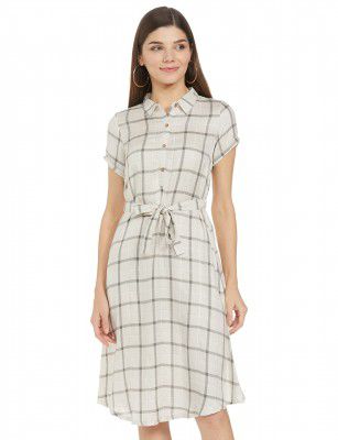 Aurelia Women's Rayon Off-White Collar Neck Check Dress Knee-Length