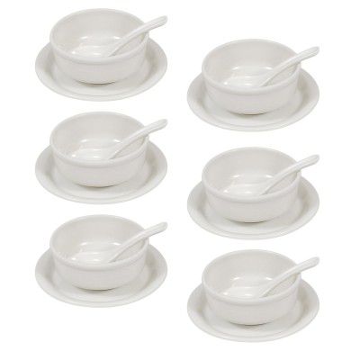 AURKA Melamine Soup Bowl Set of 6 with Saucer and Spoon (White) 