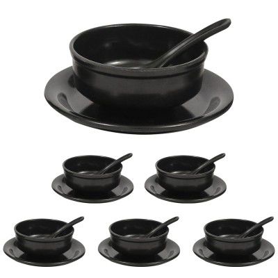 AURKA Melamine Soup Bowl Set of 6 with Saucer and Spoon (Black) 