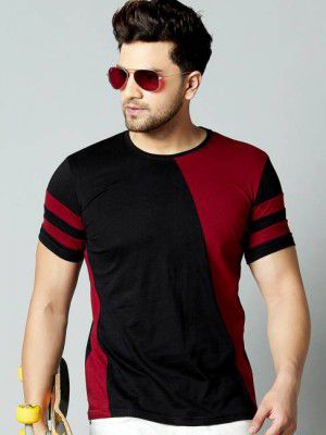 AUSK Men Colorblock Round Neck Cotton Blend Maroon, Black T-Shirt