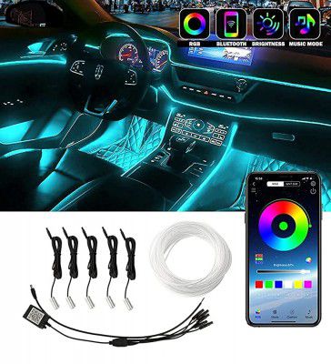 AUTO SNAP Multicolour 16 Million Colours 5 in 1 RGB Car Interior LED Strip Lights with Optic Fiber, Atmosphere Ambient Lighting Kits, Sound Active Function and Wireless Bluetooth APP Control
