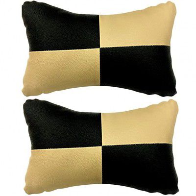 AutokraftZ Beige Check Design Car Neck Rest Cushion with Adjustable Straps for All Cars