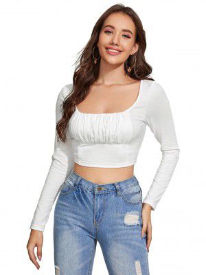 AVANOVA Maroon Women's Ruched Bust Solid Crop Top (17 Maroon L)