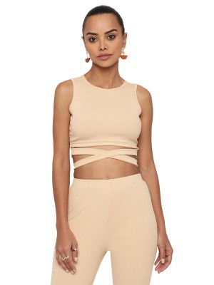 AVANOVA Women's & Girls' Solid Ribbed Round Neck Sleeveless Crop Tops for Women