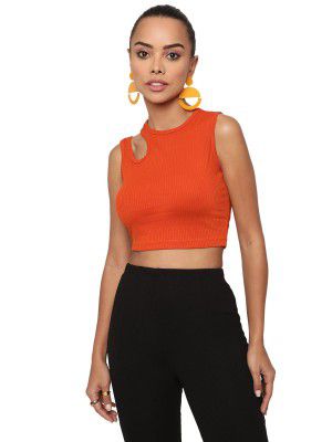 AVANOVA Women's & Girl's Solid Ribbed Round Neck Sleeveless Crop Tops for Women