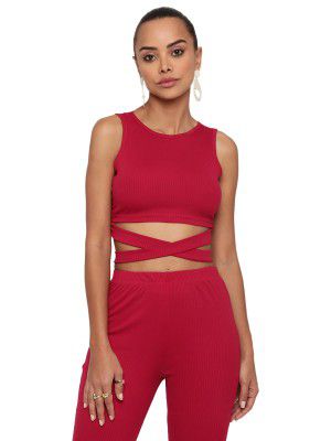 AVANOVA Women's & Girls' Solid Ribbed Round Neck Sleeveless Crop Tops for Women