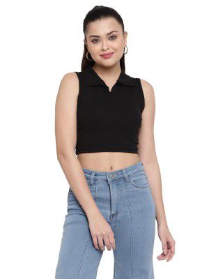 AVANOVA Women's & Girl's Solid Ribbed V-Neck Sleeveless Crop Tops for Women
