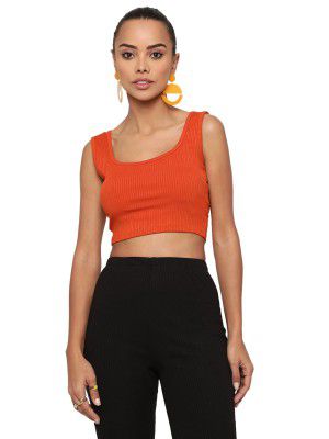 AVANOVA Women's & Girls' Solid Ribbed Boat Neck Sleeveless Crop Tops for Women
