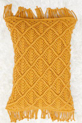 AVI Living Cotton Macrame Fringed Cushion Cover| Pack of 1| Size: 14x20|for Home, Sofa, Bedroom, Living Room, Bed| Color: Mustard