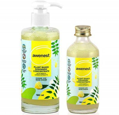 awenest Plant Based Dishwash Concentrate Combo With 1 Dispenser And 1 Refill Pack | 360 ml = 900 ml Regular Dishwash | Neem, Lemon Protection Dishwasher | Baby And Pet Safe | 180 ml x 2