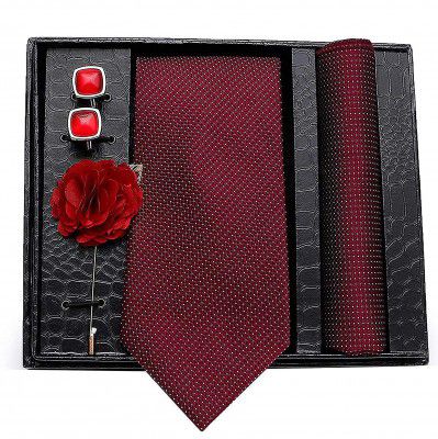 Axlon Men's Micro Polyester Necktie, Pocket Square, Brooch Pin and Cufflinks Combo (Red Maroon, Free Size)