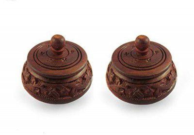 Ayra Crafts Sheesham Wood Round Hand Carved Sindoor Box (Brown, Standard Size) - Set of 2