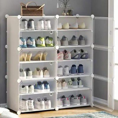 AYSIS Portable Shoe Rack for Home Plastic Household, DIY Shoe Rack with Dustproof Door for Heels/Slippers/Boots for Entryway or Bedroom (12-SHELF-6-DOOR, White)