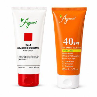 Aysun 3-in-1 Cleanser Scrub Mask Face Wash (100ml) + SPF 40 Multi Vital Sunscreen (100ml) 