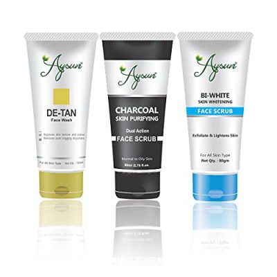 Aysun De-Tan Face Wash & Charcoal Face Scrub+ BI_White Face Scrub Combo Pack of 3