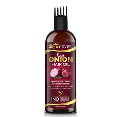 AYUREVER Red Onion Hair Oil - With Comb Applicator - Hair Growth - Controls Hair Fall - No Mineral Oil, Silicones (100 ml)